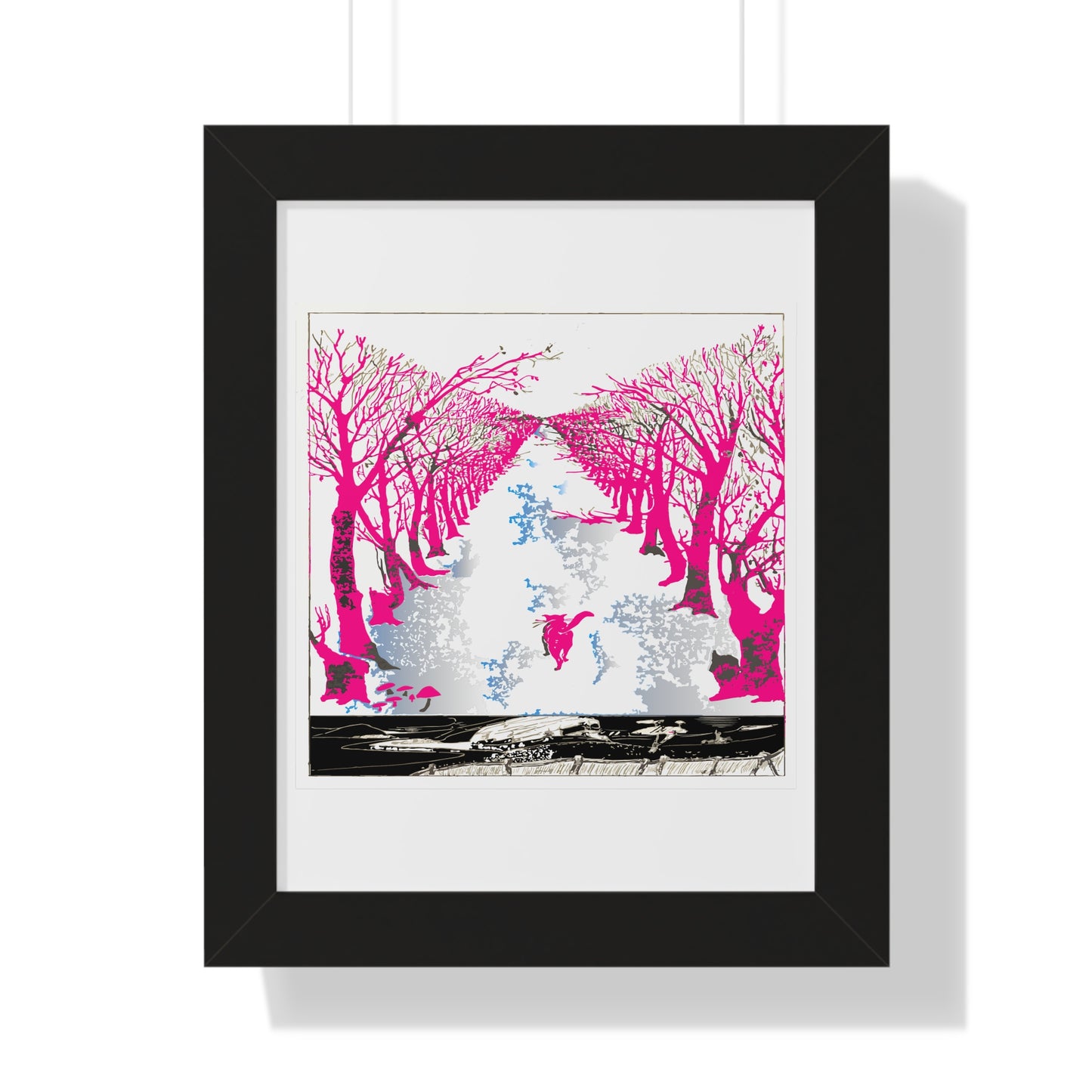 Pink Cat in the Woods Art Work Framed Vertical Poster