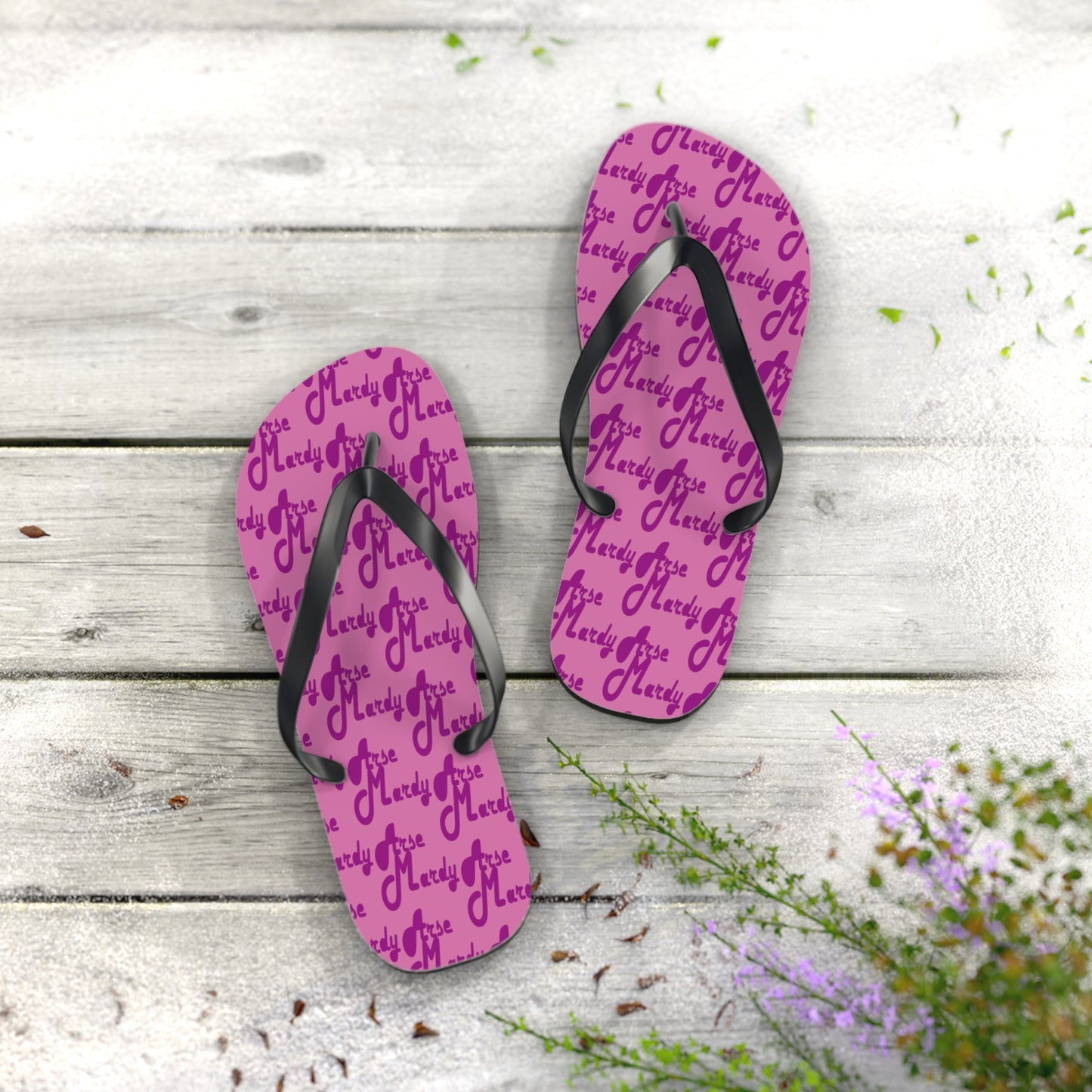 Mardy Arse, Sheffield Dialect Purple Typography Pattern Flip Flops