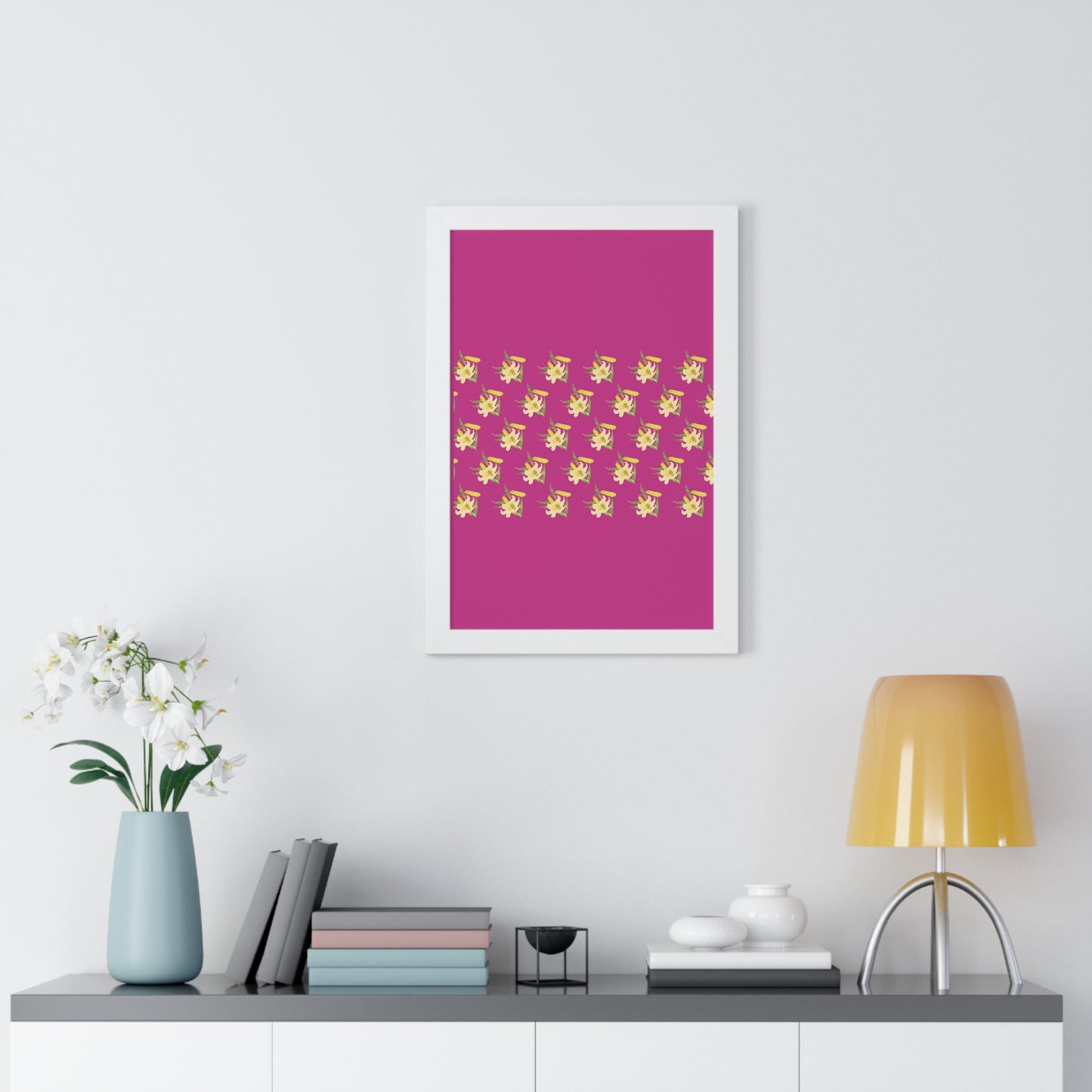 Daffodil Pattern Art Pink Framed Vertical Poster