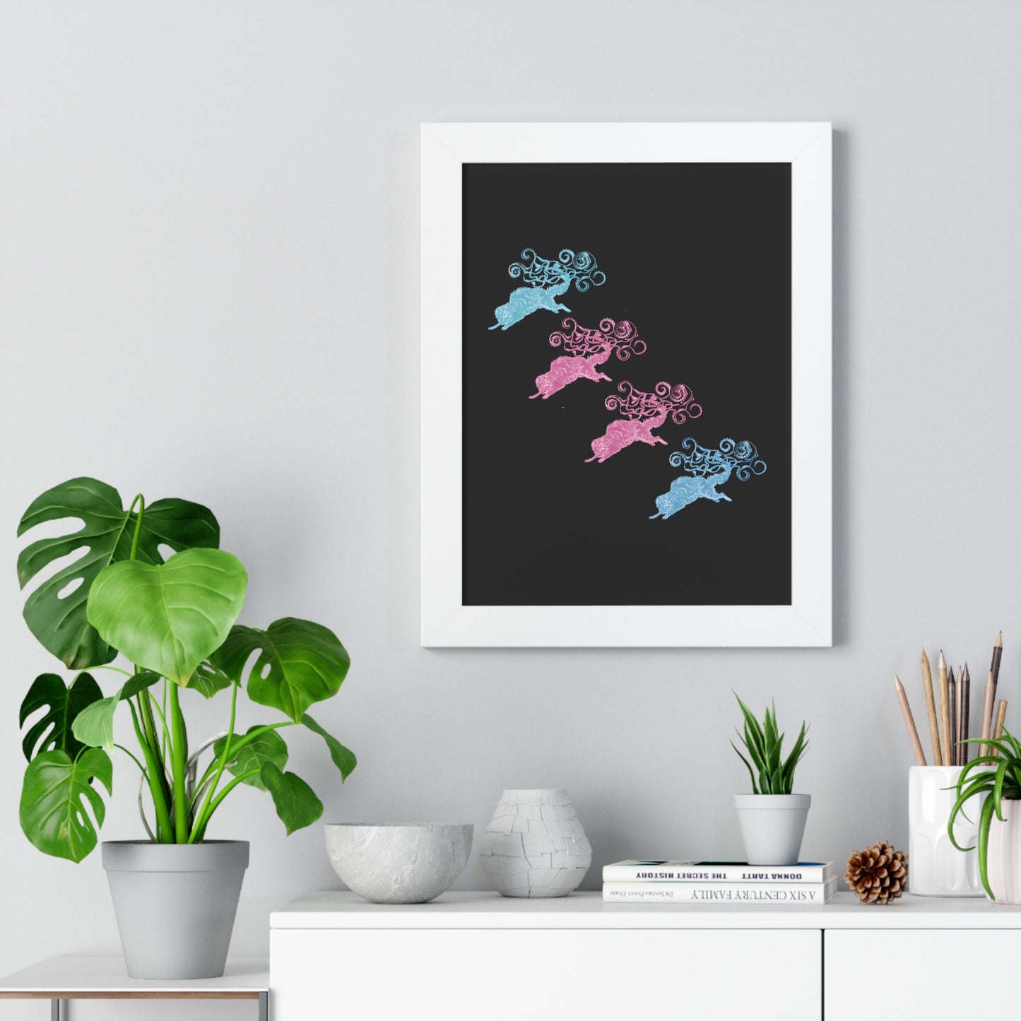 Pink & Blue Four Cat's Tail's Art Framed Vertical Poster