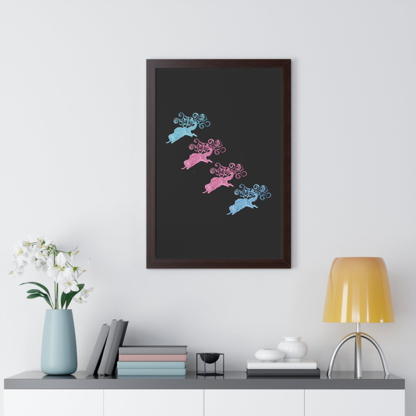 Pink & Blue Four Cat's Tail's Art Framed Vertical Poster