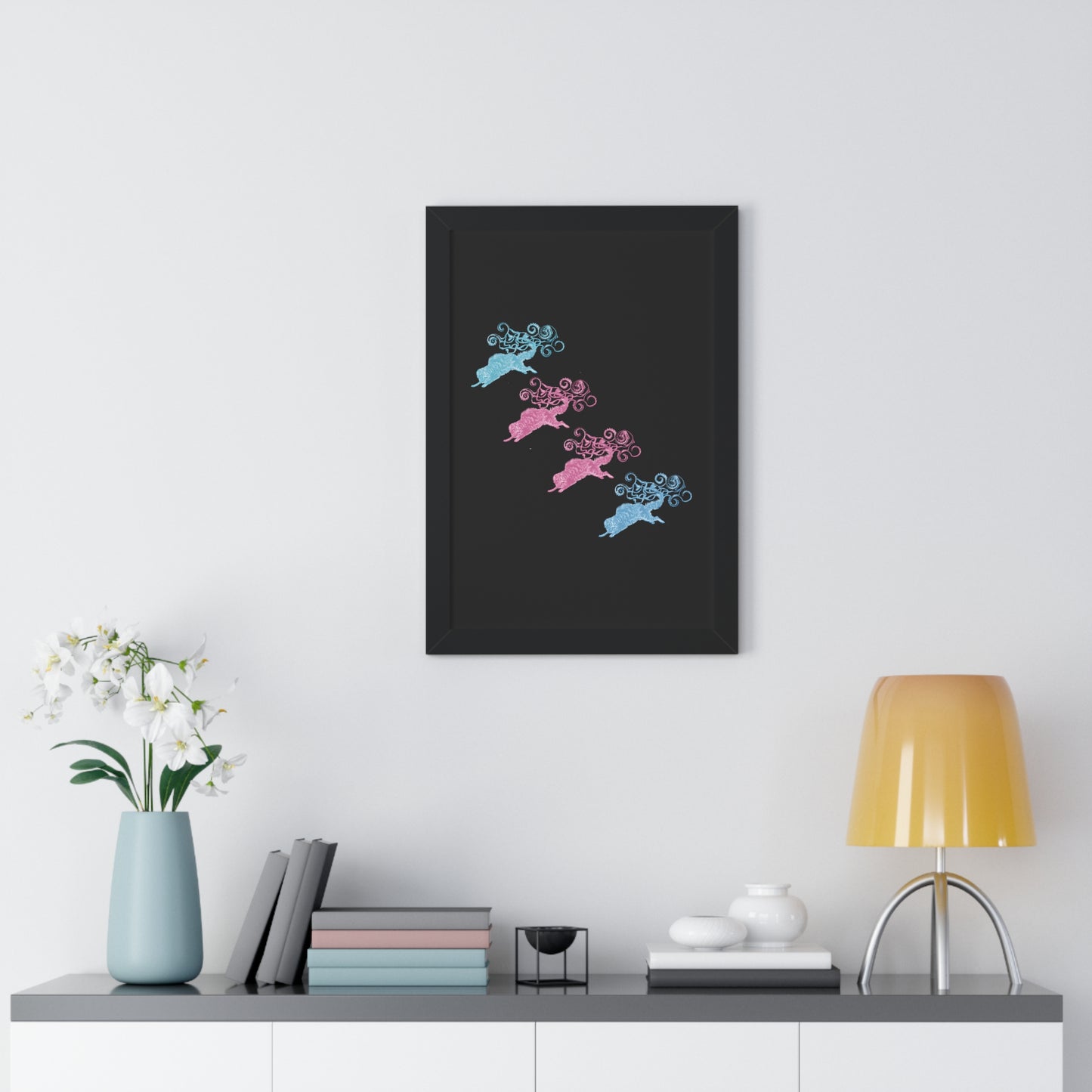 Pink & Blue Four Cat's Tail's Art Framed Vertical Poster