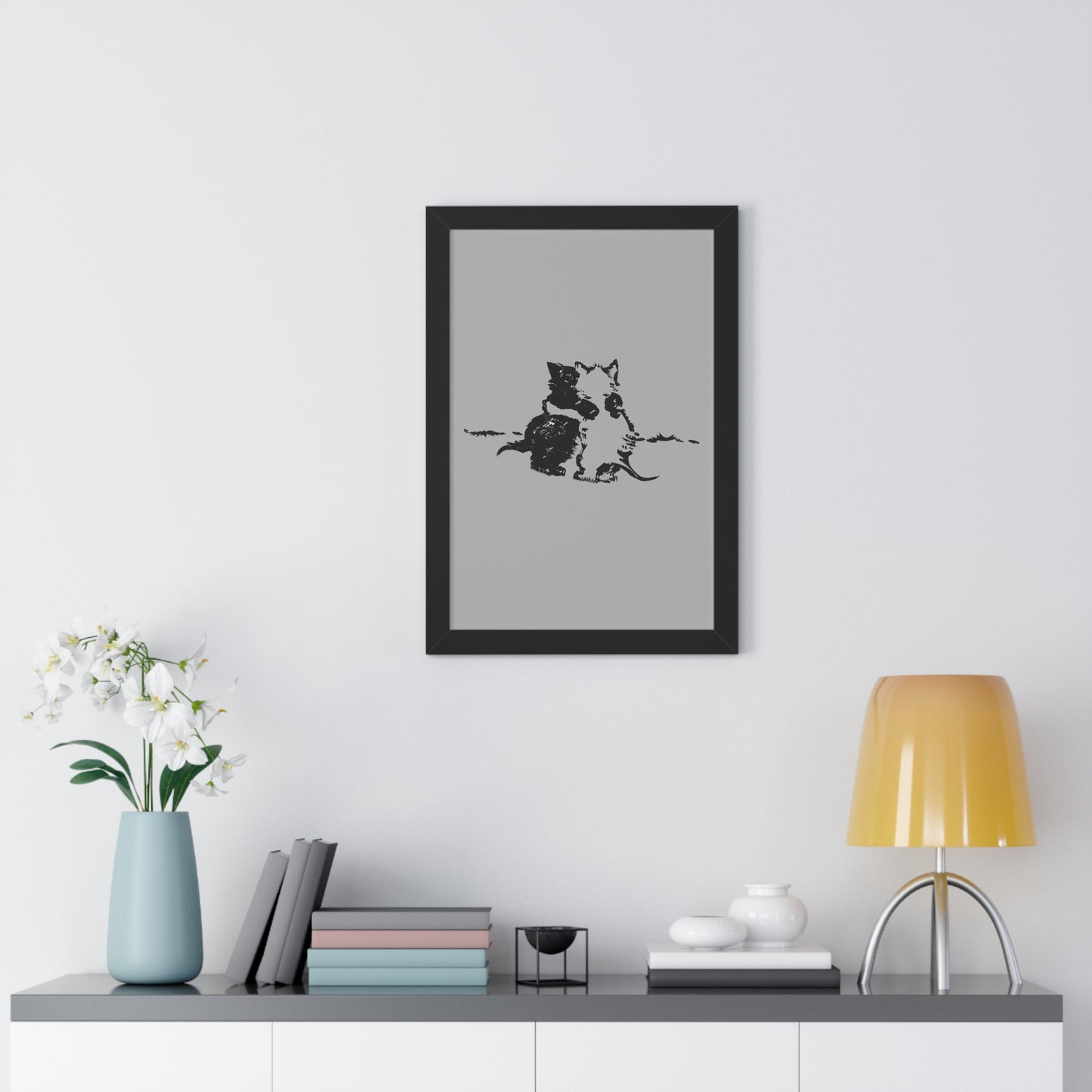 Kissing Cats Black & White Framed Vertical Poster