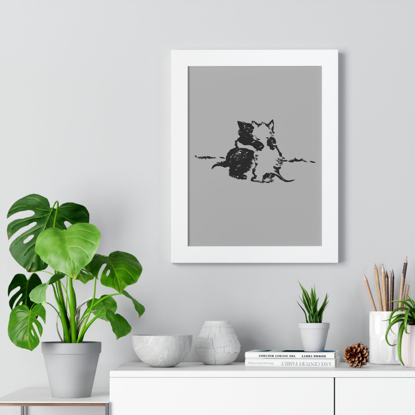 Kissing Cats Black & White Framed Vertical Poster