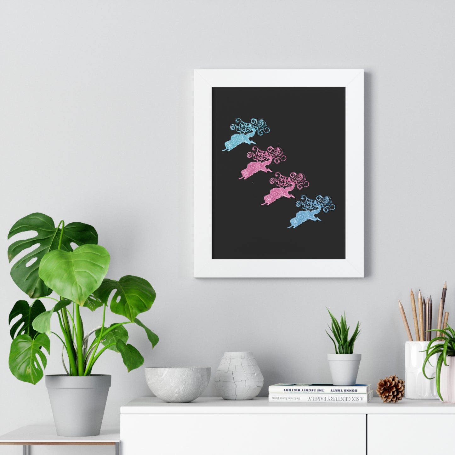 Pink & Blue Four Cat's Tail's Art Framed Vertical Poster