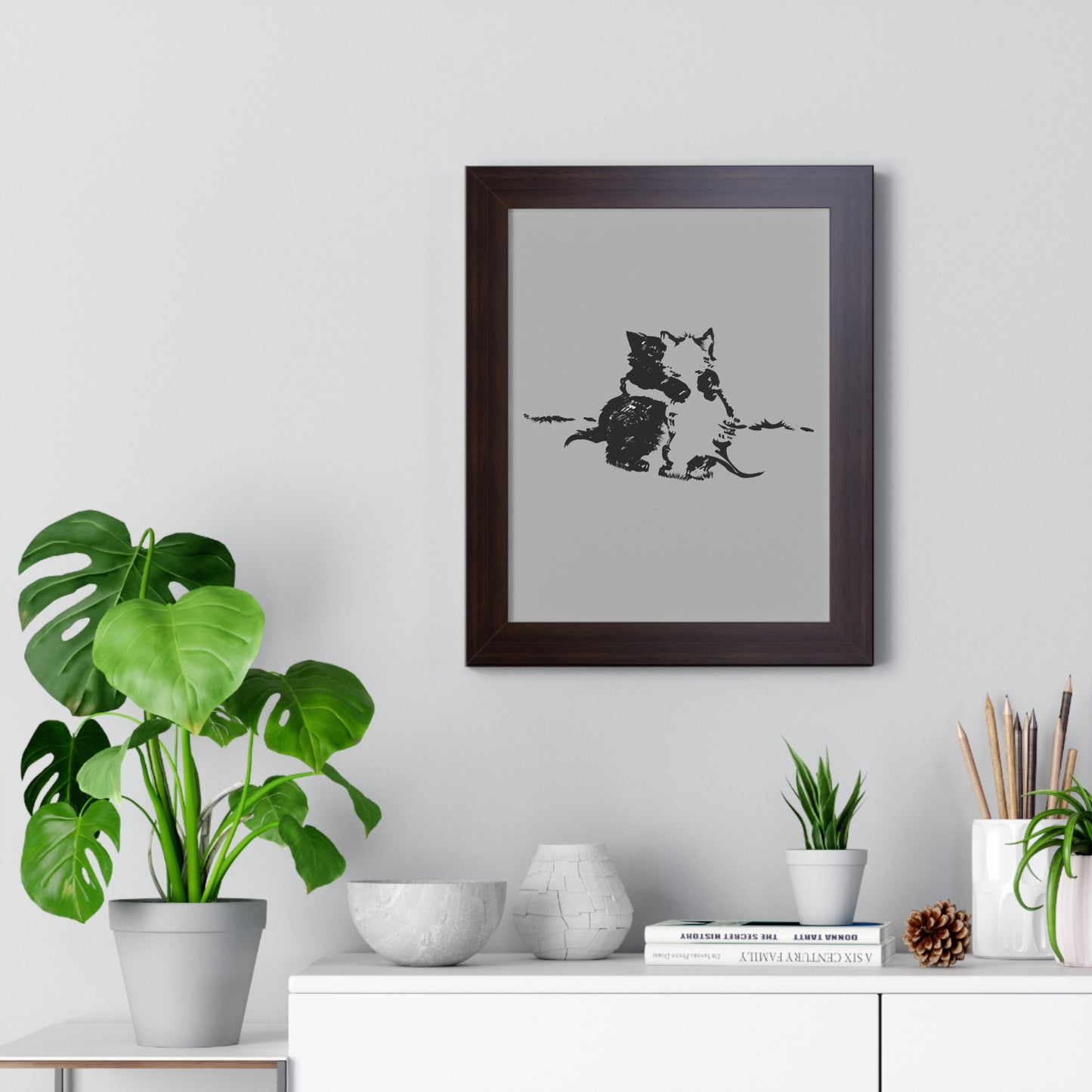 Kissing Cats Black & White Framed Vertical Poster