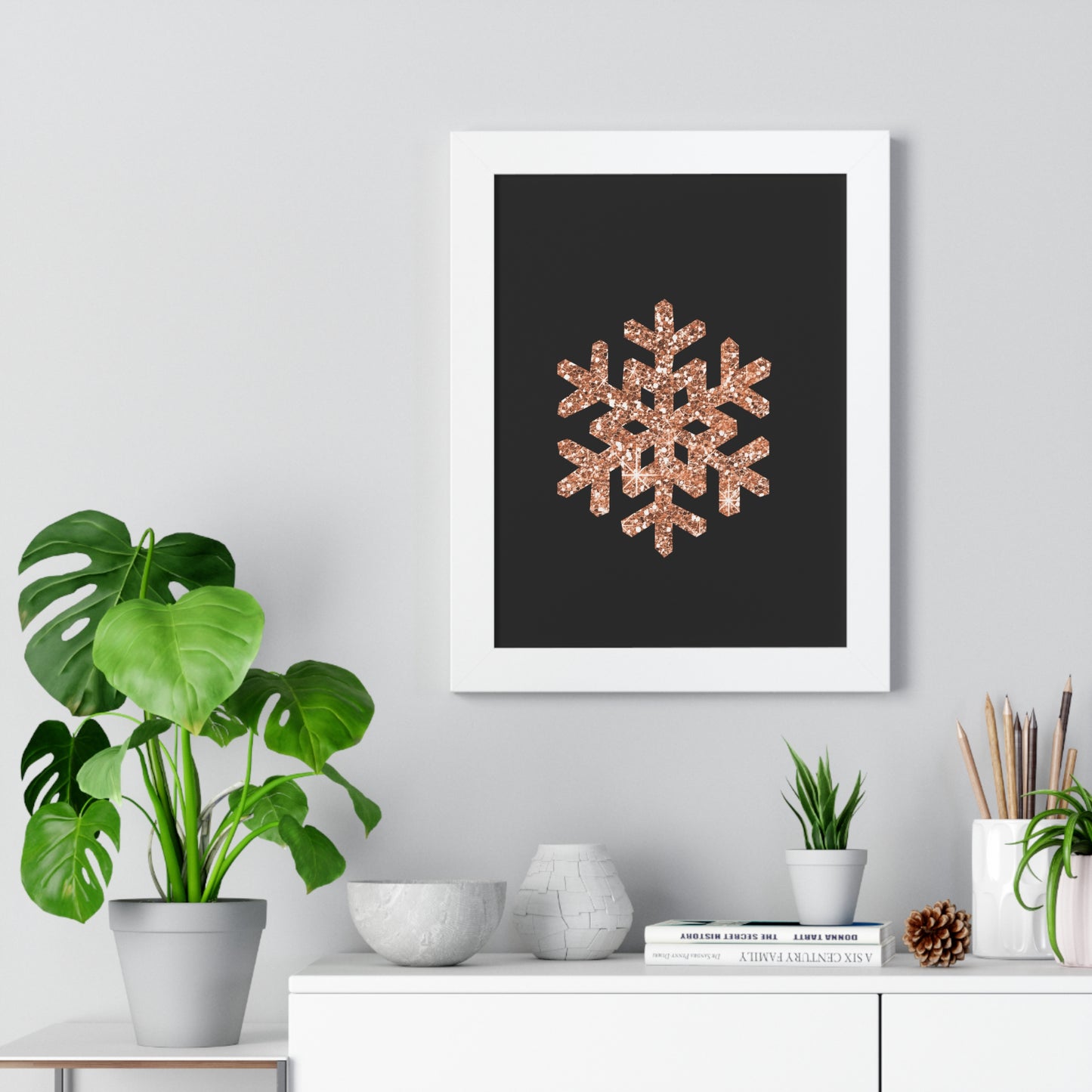 Rose Gold Snowflake Art Framed Vertical Poster