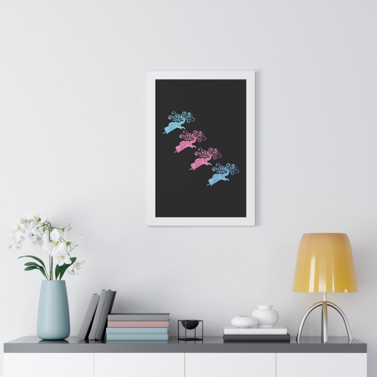 Pink & Blue Four Cat's Tail's Art Framed Vertical Poster