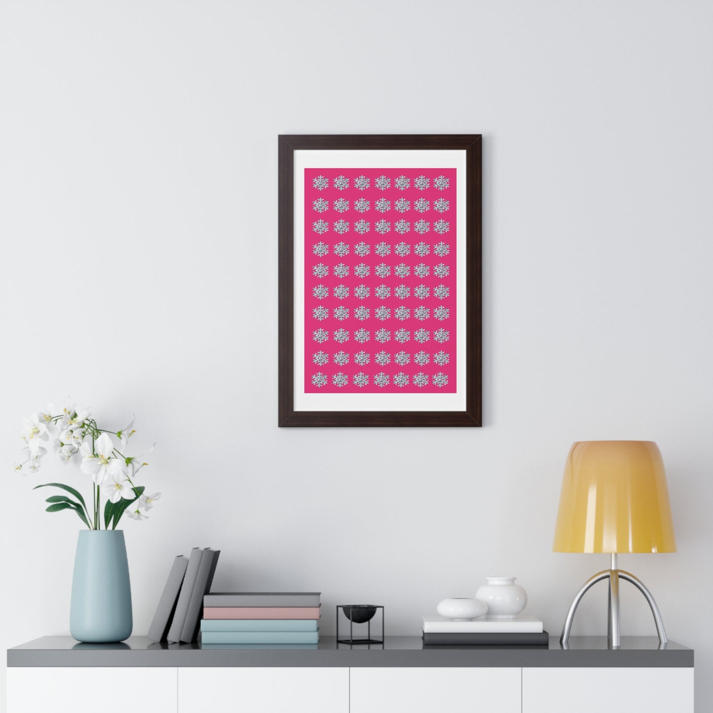 Snowflake Pattern Pink Framed Vertical Poster