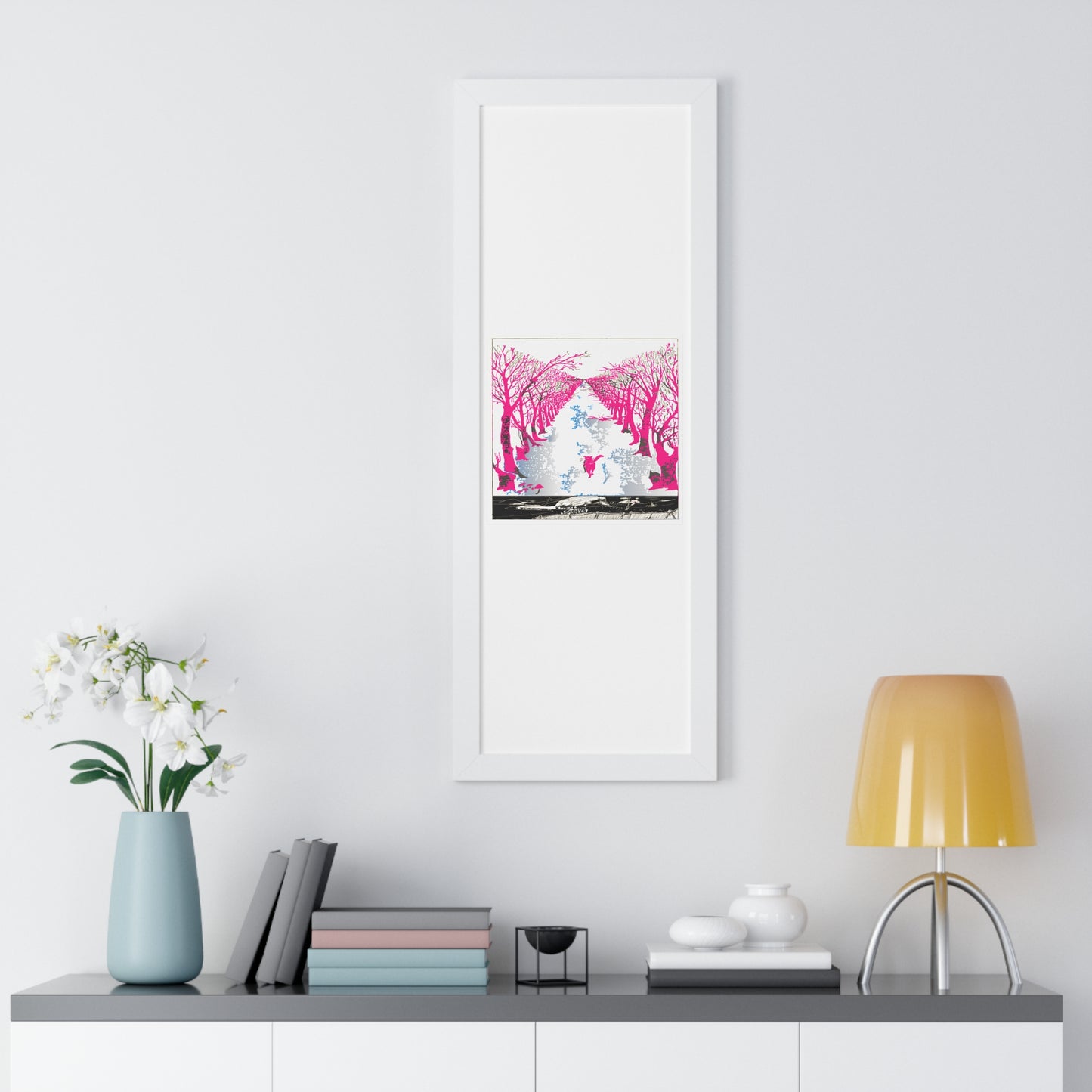 Pink Cat in the Woods Art Work Framed Vertical Poster