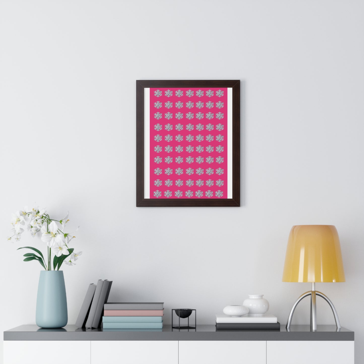 Snowflake Pattern Pink Framed Vertical Poster