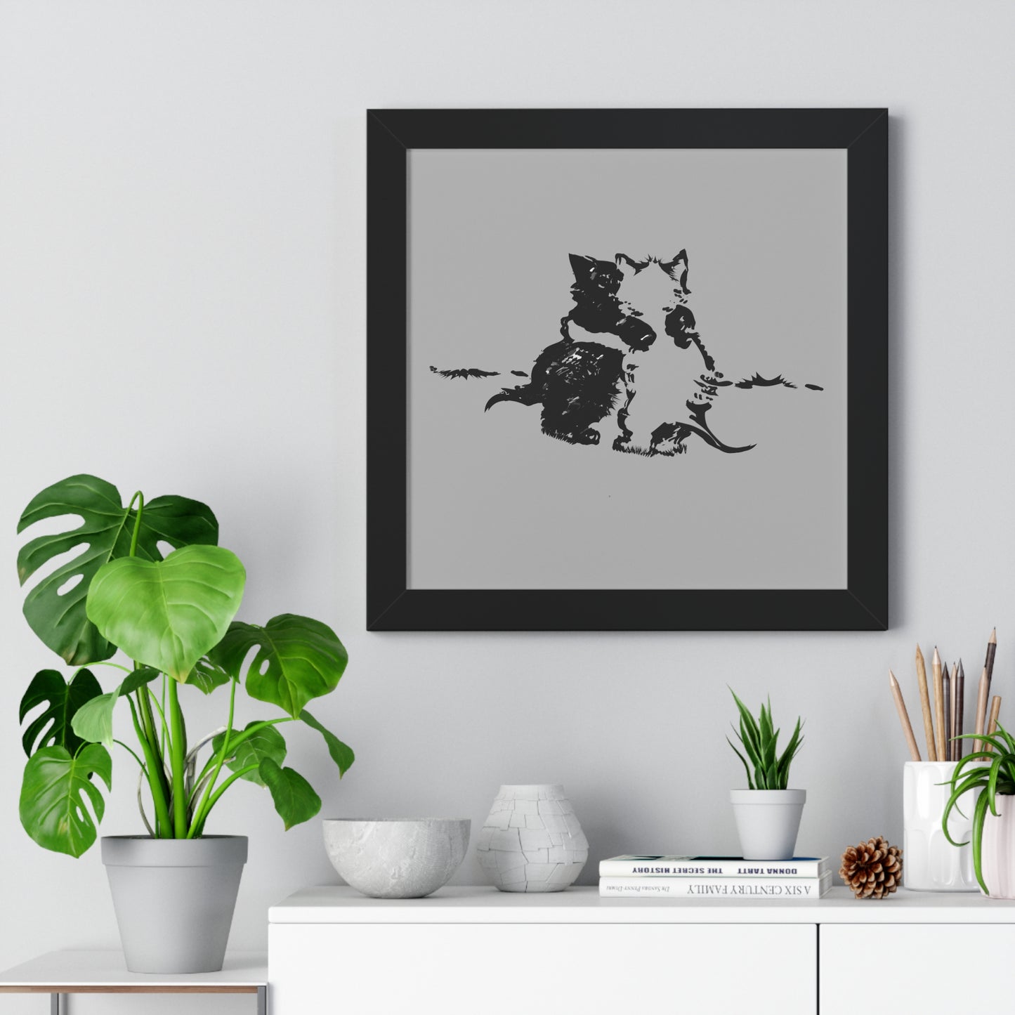 Kissing Cats Black & White Framed Vertical Poster