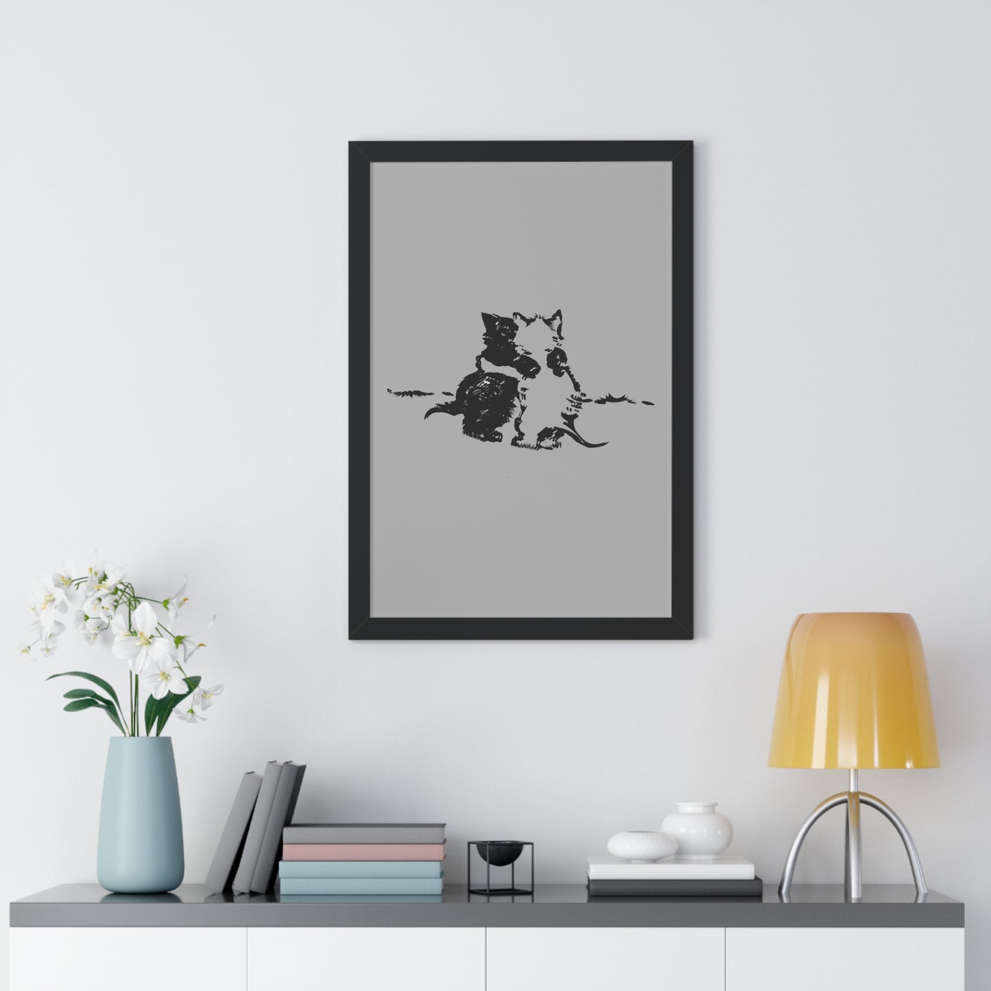 Kissing Cats Black & White Framed Vertical Poster