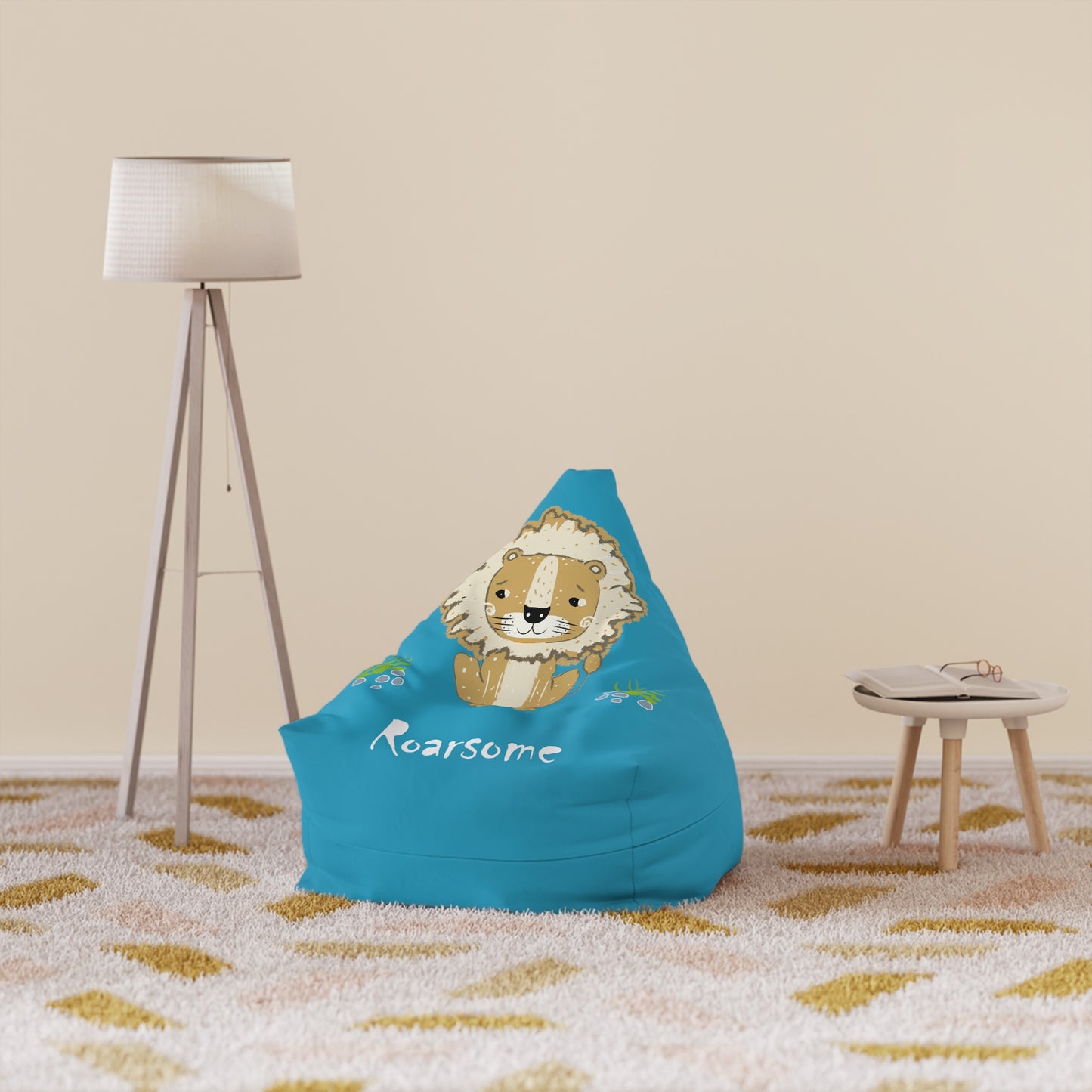 Lion Roarsome Illustration Turquoise, White text Bean Bag Chair Cover