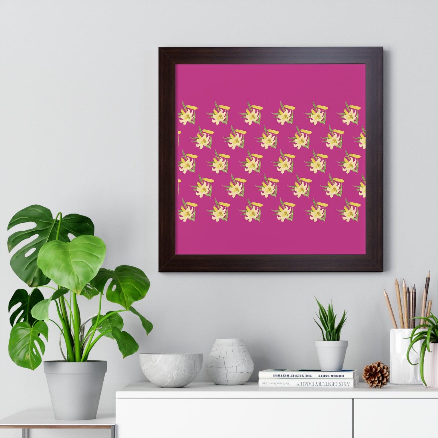 Daffodil Pattern Art Pink Framed Vertical Poster