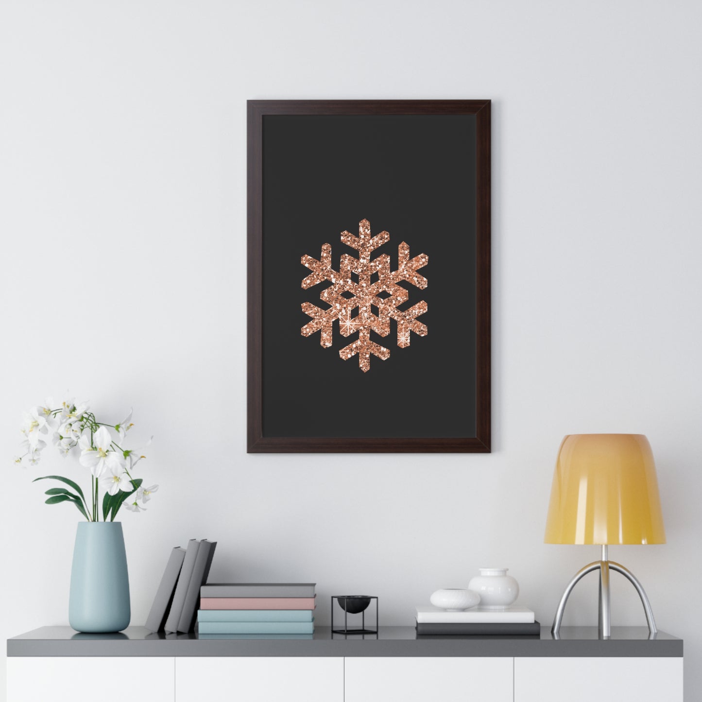 Rose Gold Snowflake Art Framed Vertical Poster