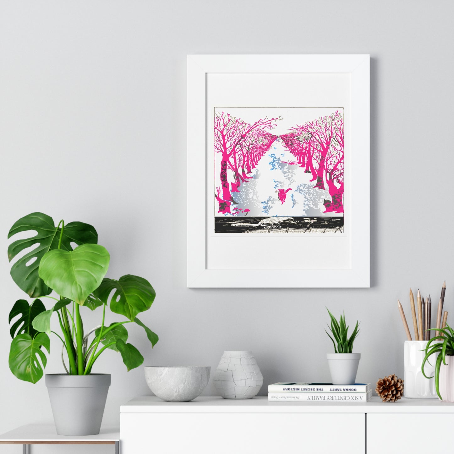 Pink Cat in the Woods Art Work Framed Vertical Poster