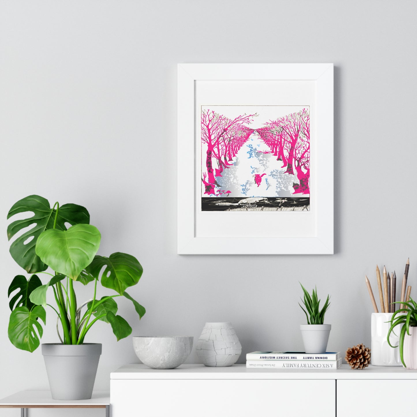 Pink Cat in the Woods Art Work Framed Vertical Poster