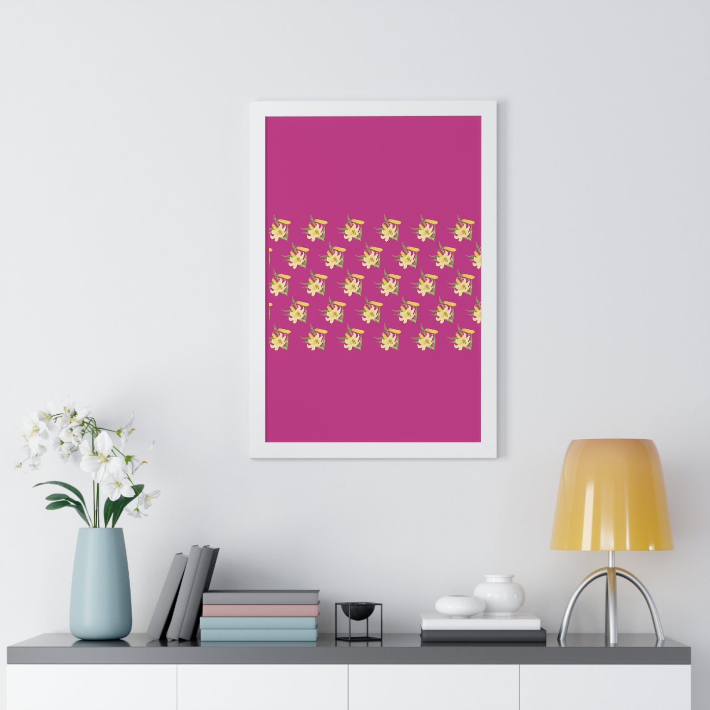 Daffodil Pattern Art Pink Framed Vertical Poster