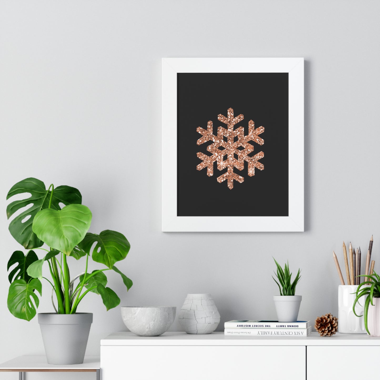 Rose Gold Snowflake Art Framed Vertical Poster