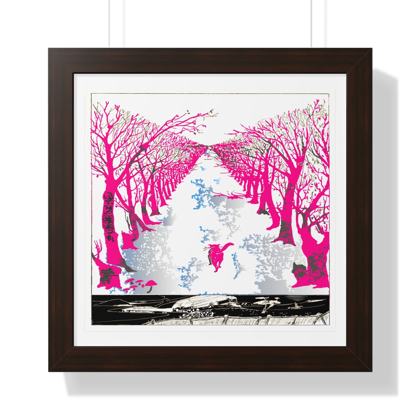 Pink Cat in the Woods Art Work Framed Vertical Poster