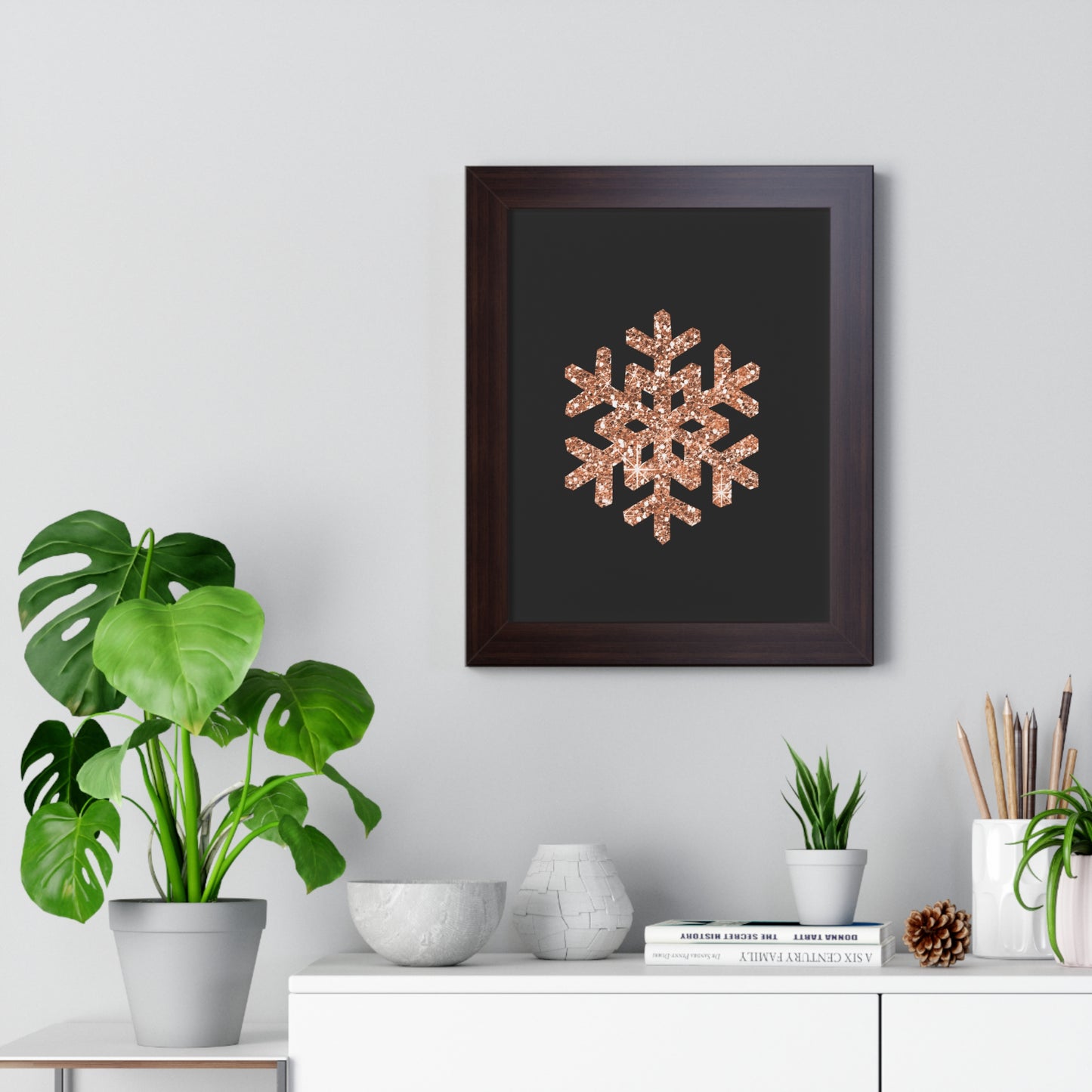 Rose Gold Snowflake Art Framed Vertical Poster