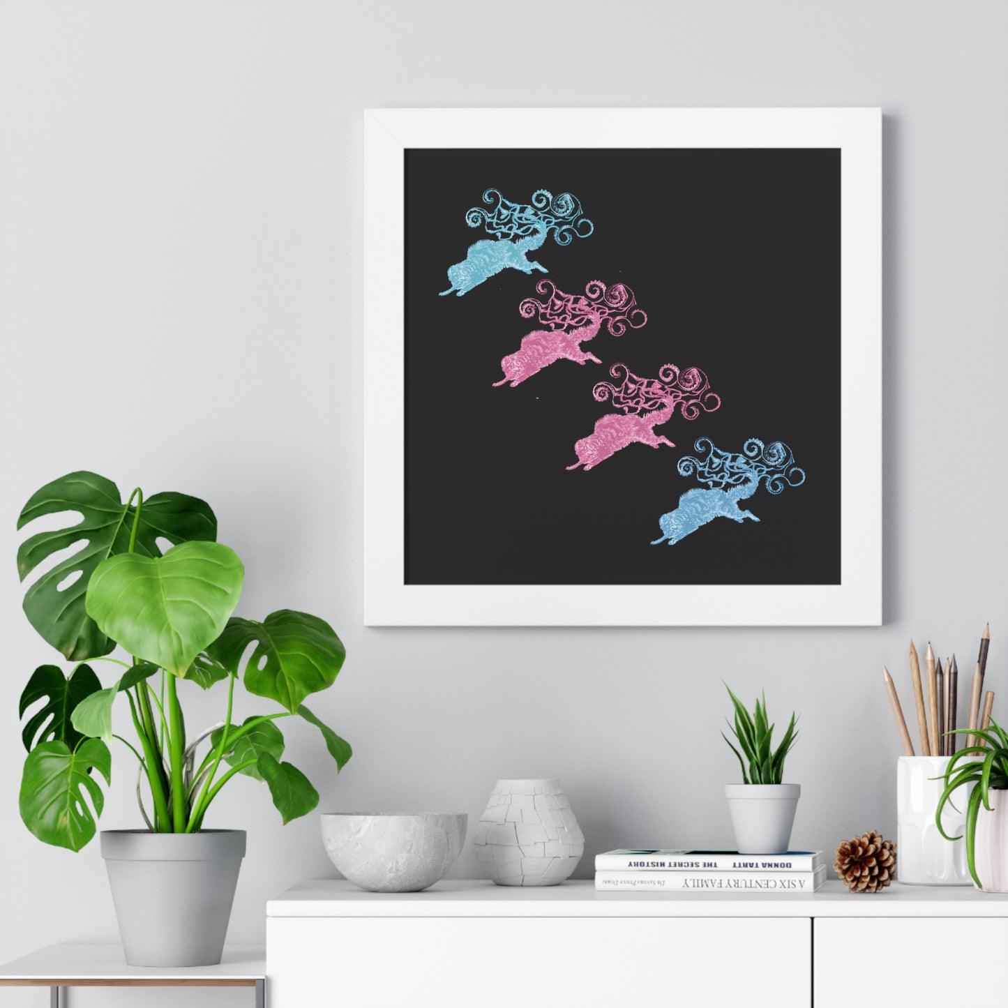 Pink & Blue Four Cat's Tail's Art Framed Vertical Poster