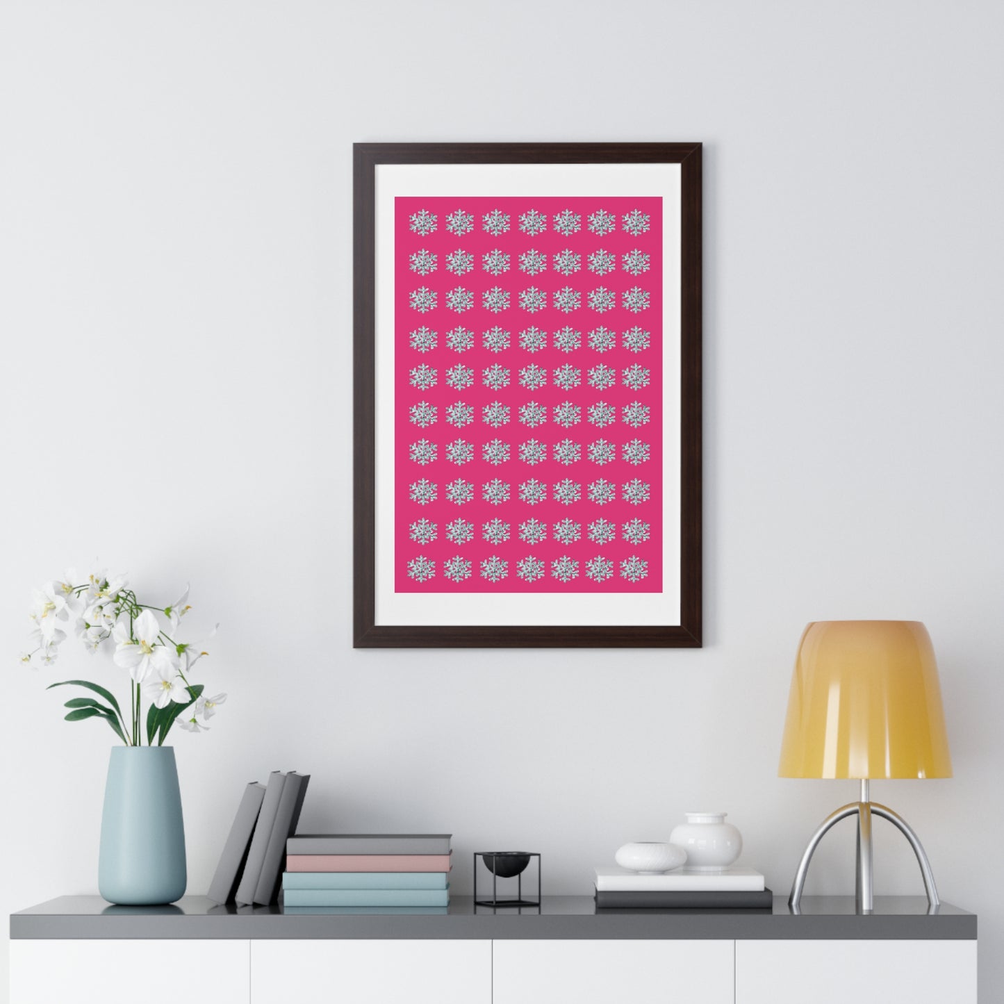 Snowflake Pattern Pink Framed Vertical Poster