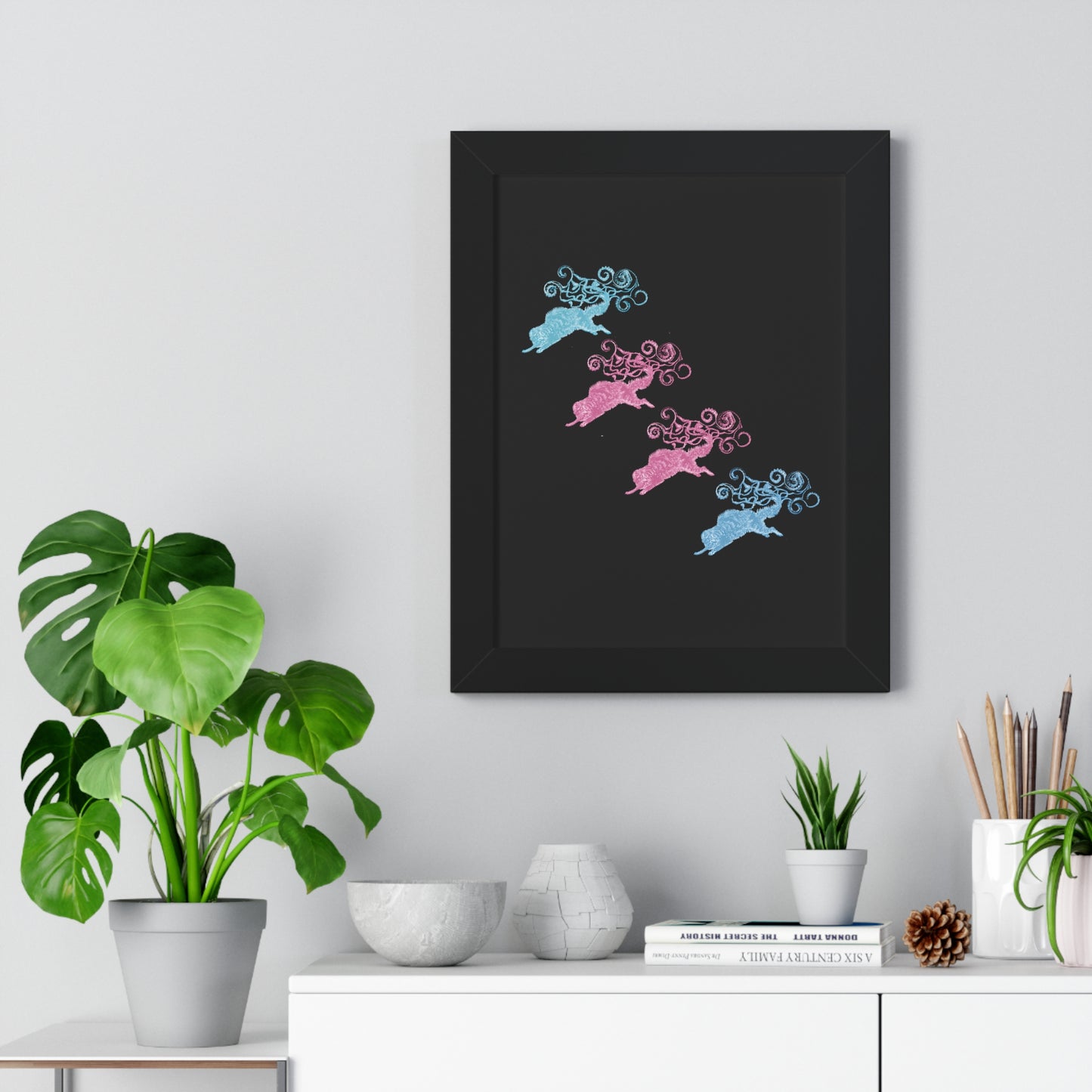 Pink & Blue Four Cat's Tail's Art Framed Vertical Poster