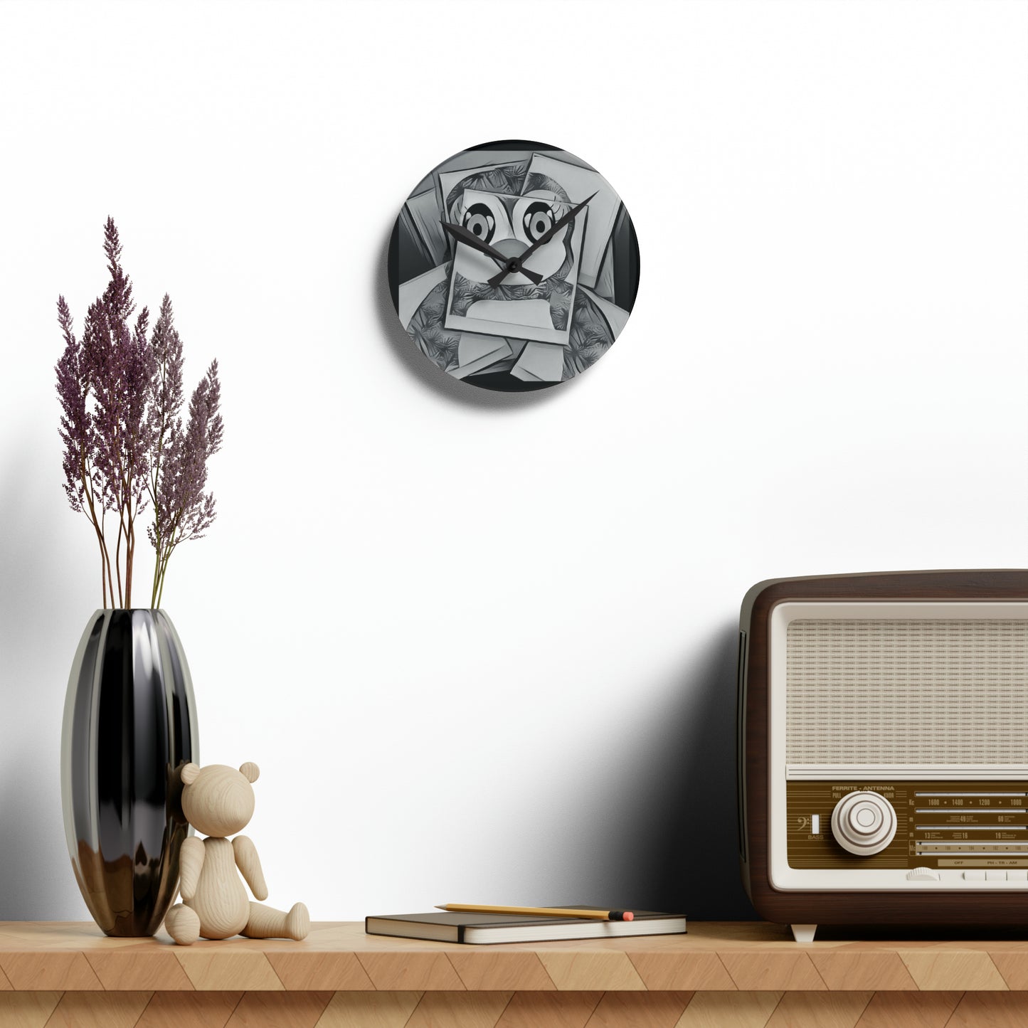 The Penguinies Black & White Photograph Acrylic Wall Clock