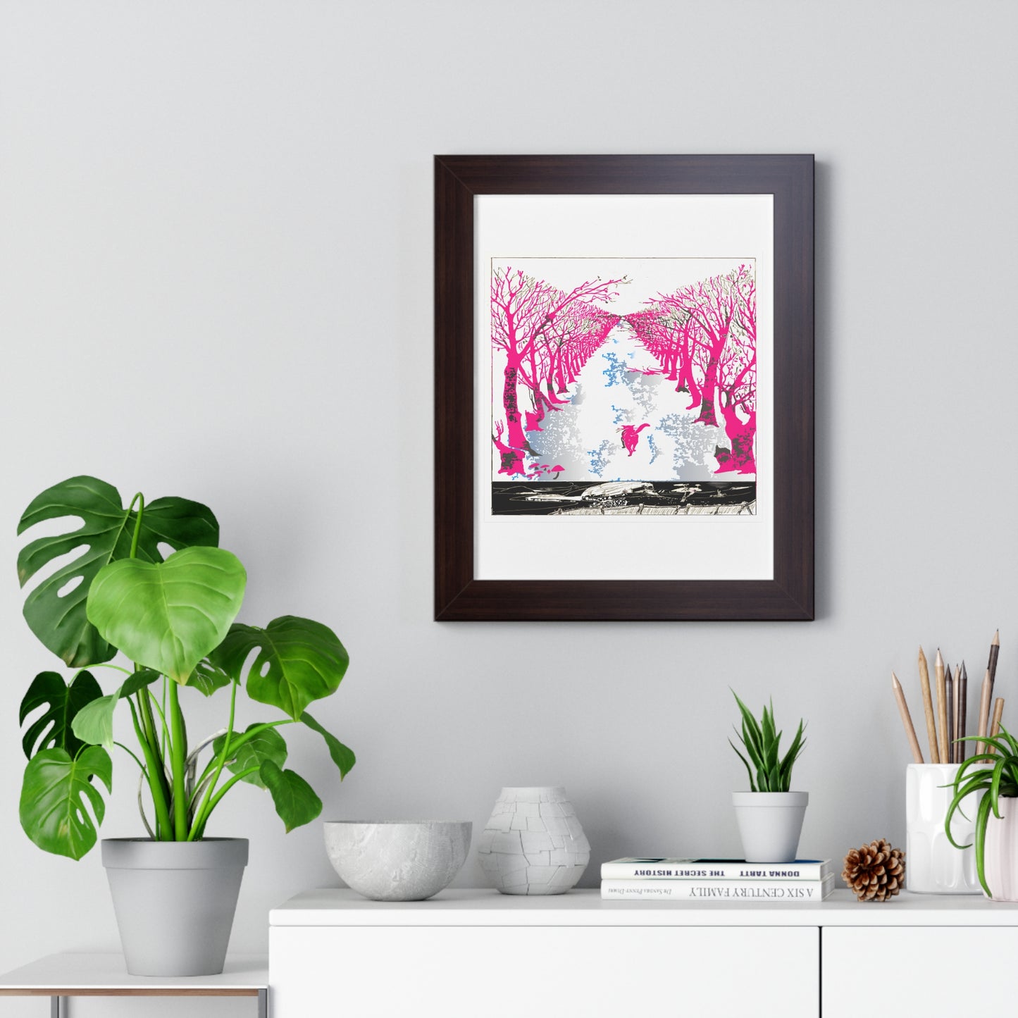 Pink Cat in the Woods Art Work Framed Vertical Poster