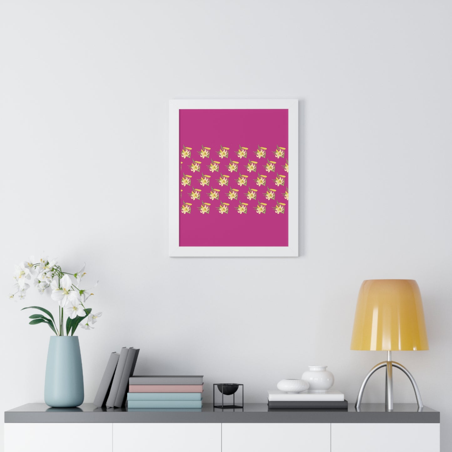 Daffodil Pattern Art Pink Framed Vertical Poster