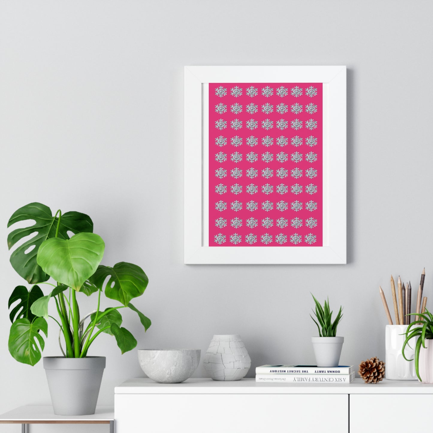 Snowflake Pattern Pink Framed Vertical Poster