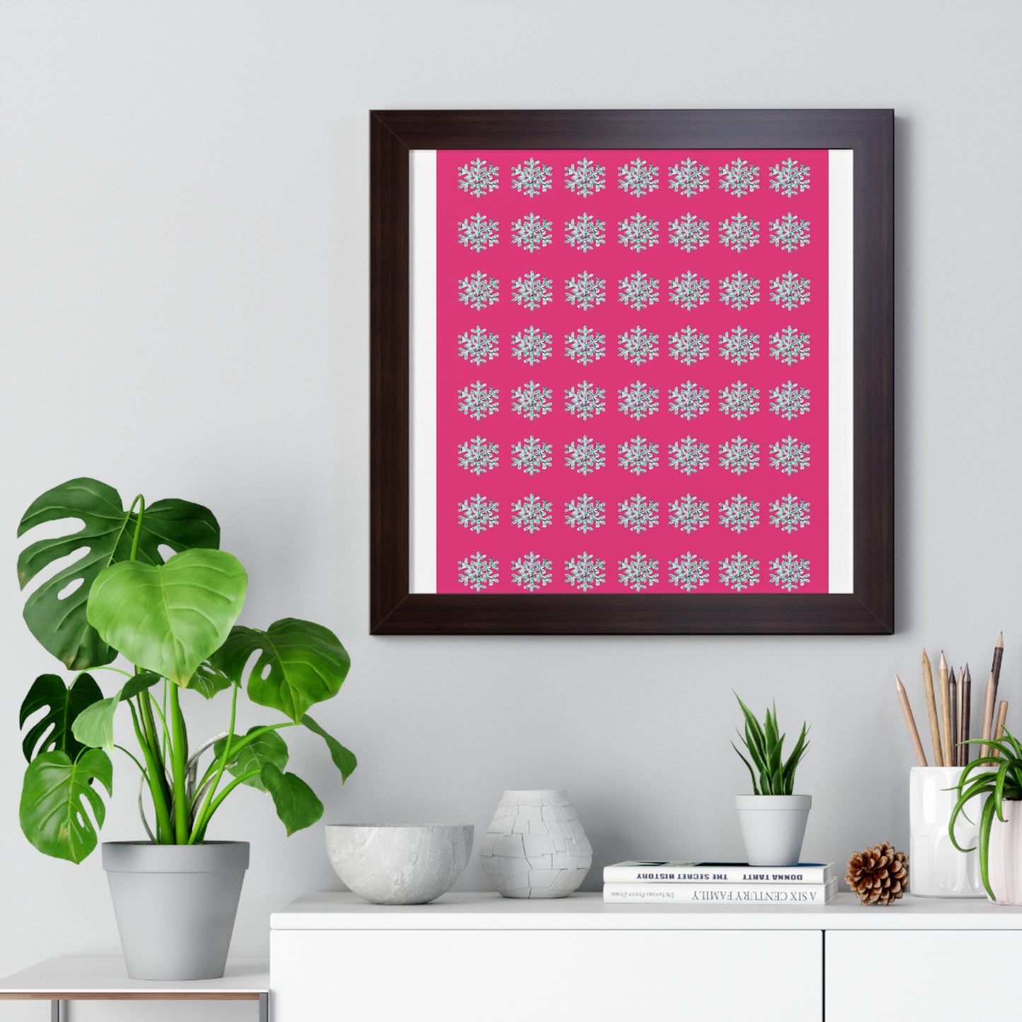 Snowflake Pattern Pink Framed Vertical Poster