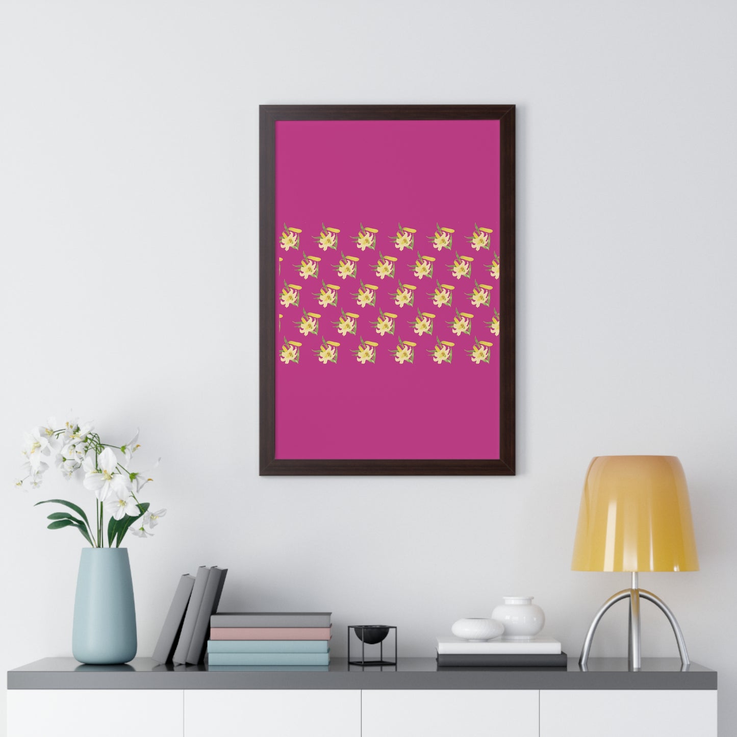 Daffodil Pattern Art Pink Framed Vertical Poster