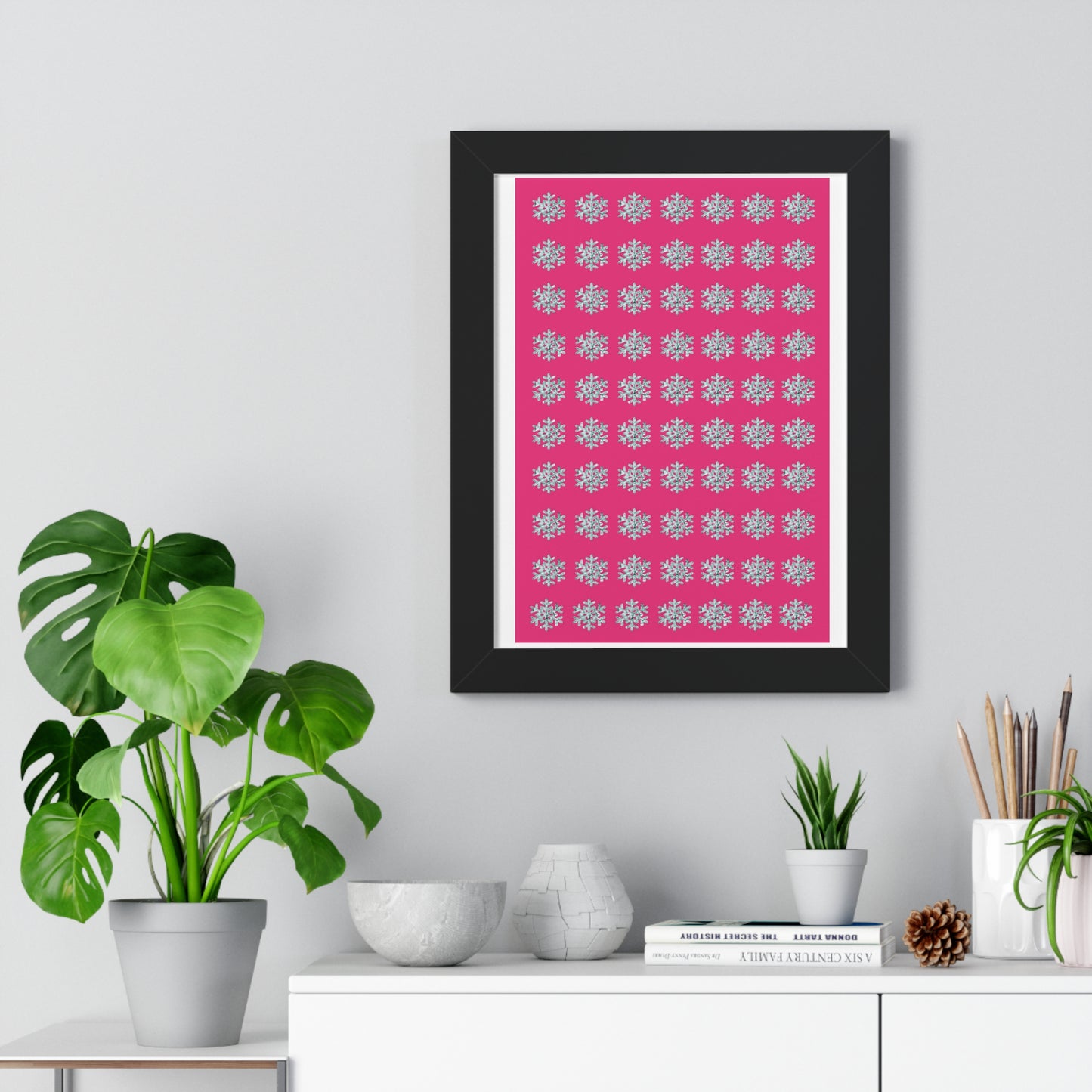 Snowflake Pattern Pink Framed Vertical Poster