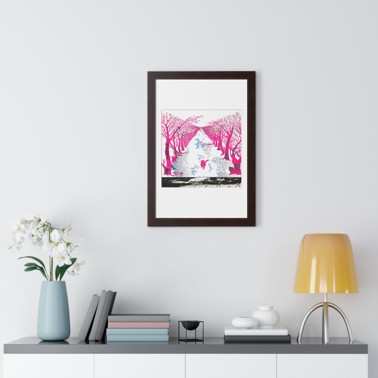 Pink Cat in the Woods Art Work Framed Vertical Poster