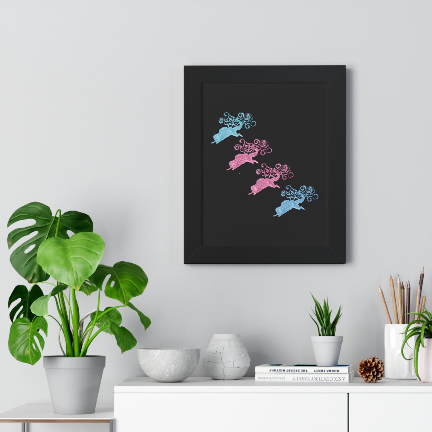 Pink & Blue Four Cat's Tail's Art Framed Vertical Poster