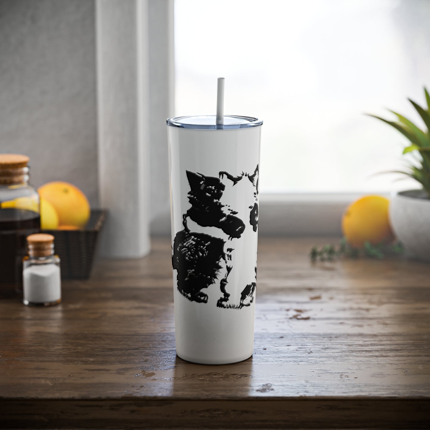 Kissing Cats Black & White Skinny Steel Tumbler with Straw, 20oz