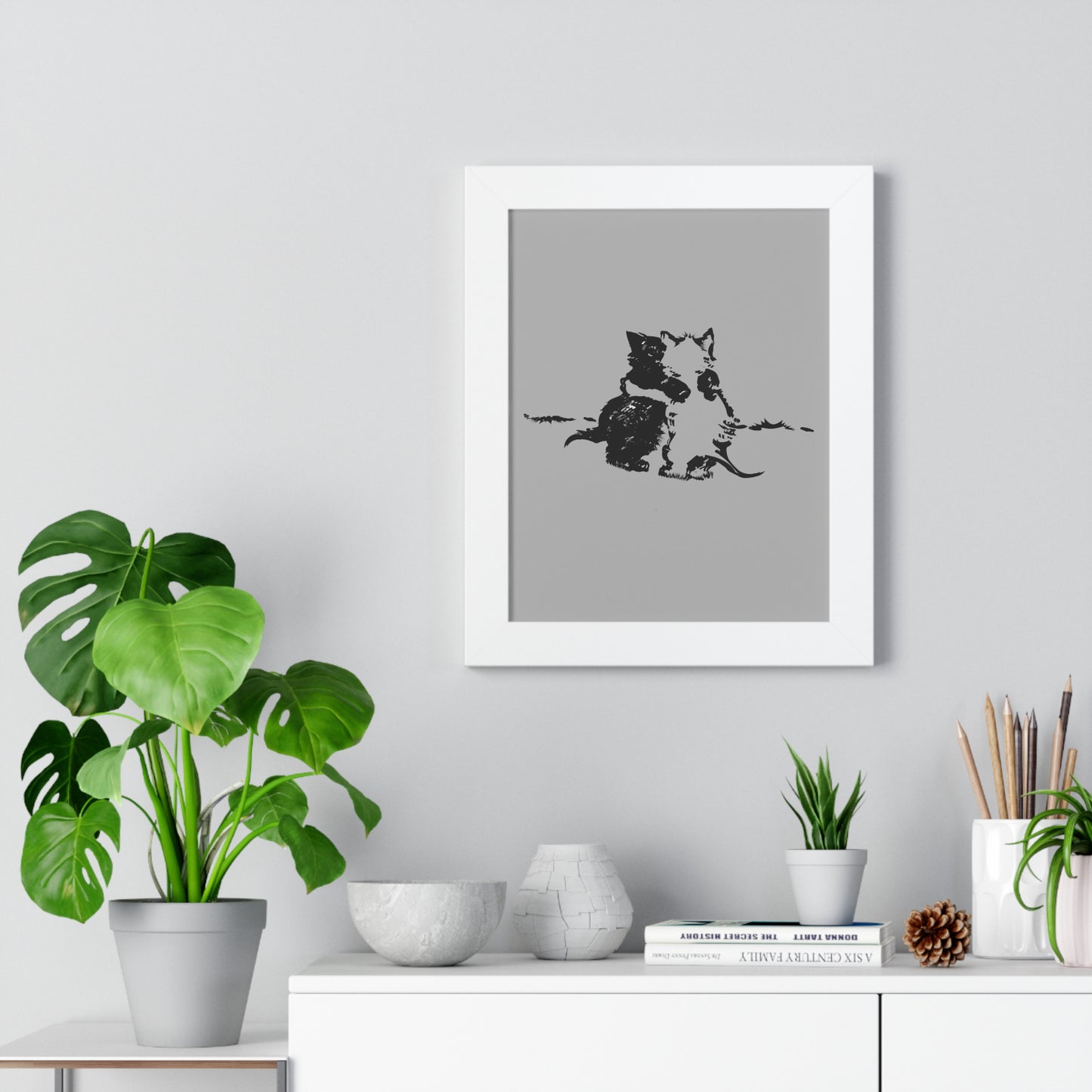 Kissing Cats Black & White Framed Vertical Poster