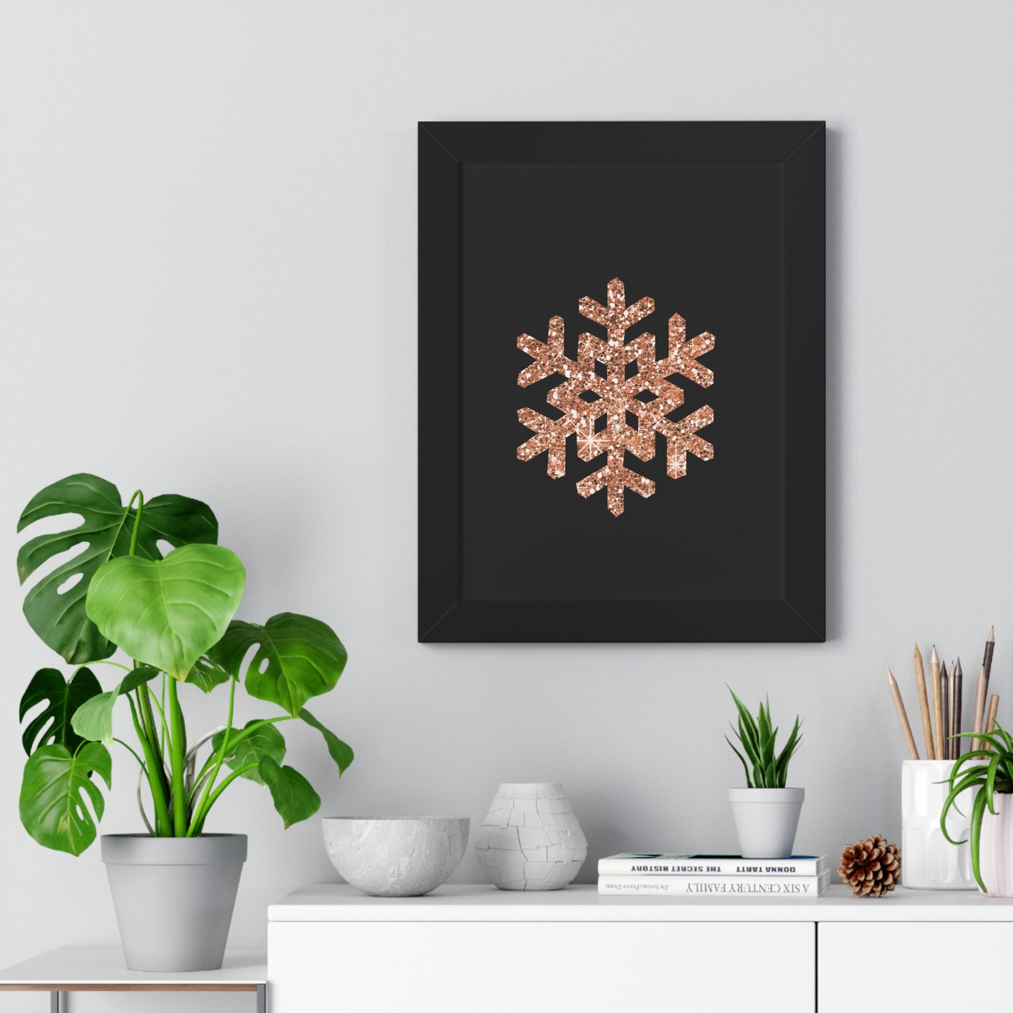 Rose Gold Snowflake Art Framed Vertical Poster