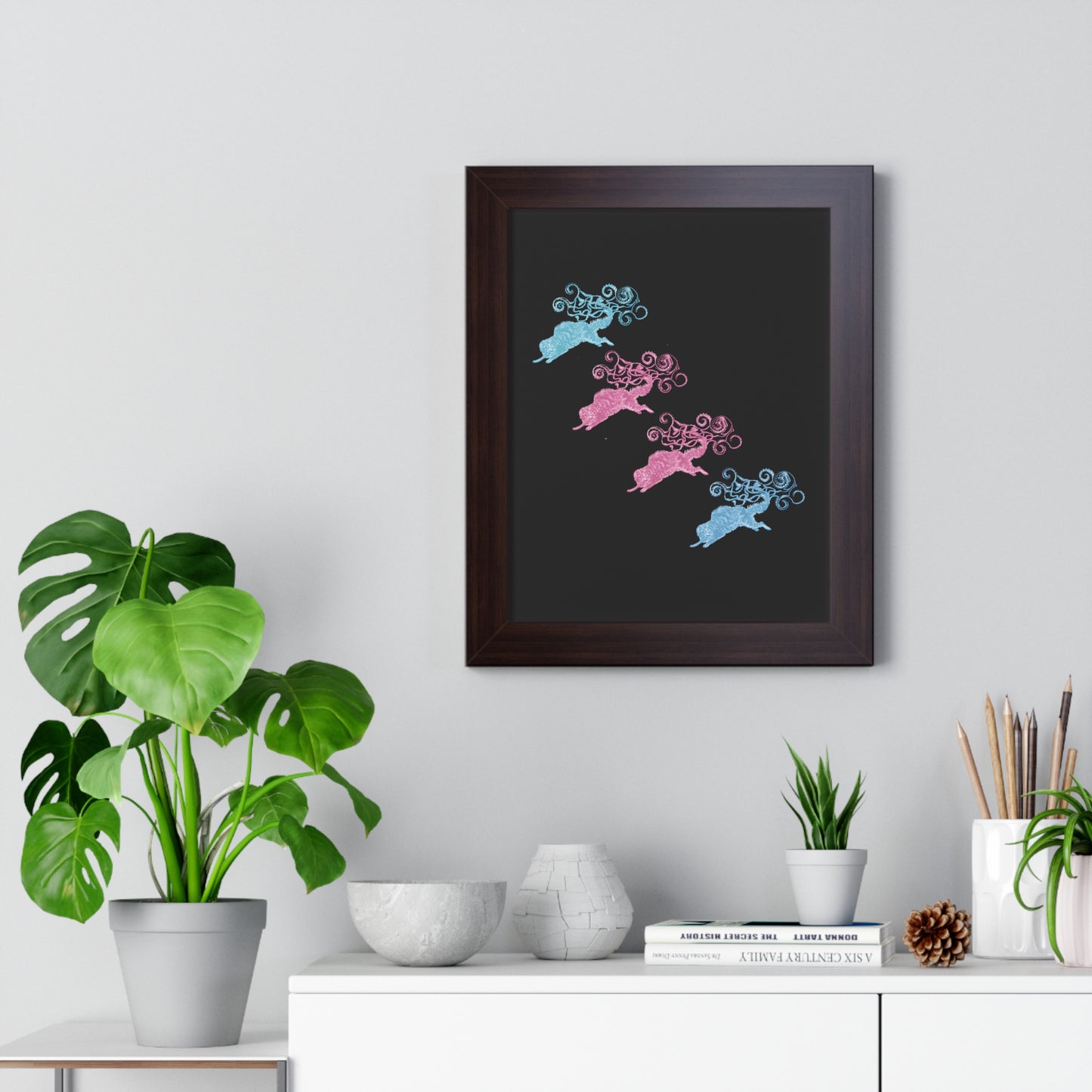 Pink & Blue Four Cat's Tail's Art Framed Vertical Poster